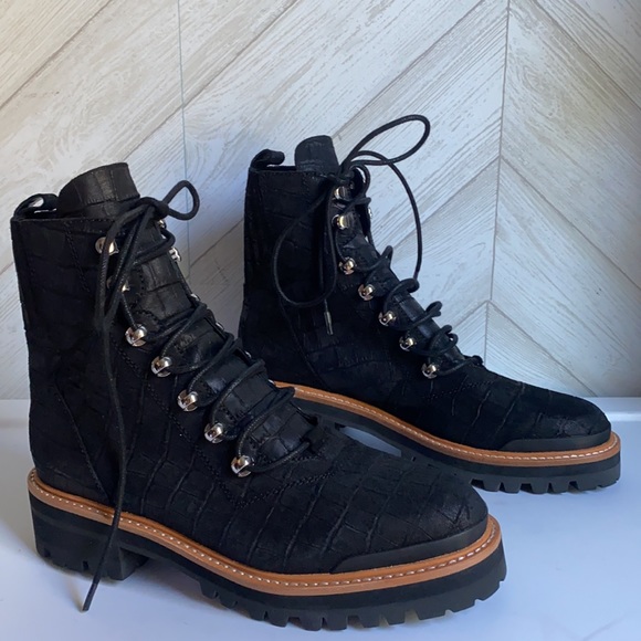 Marc Fisher Shoes - New Marc Fisher Izzie black croc suede lug sole combat boots 8.5